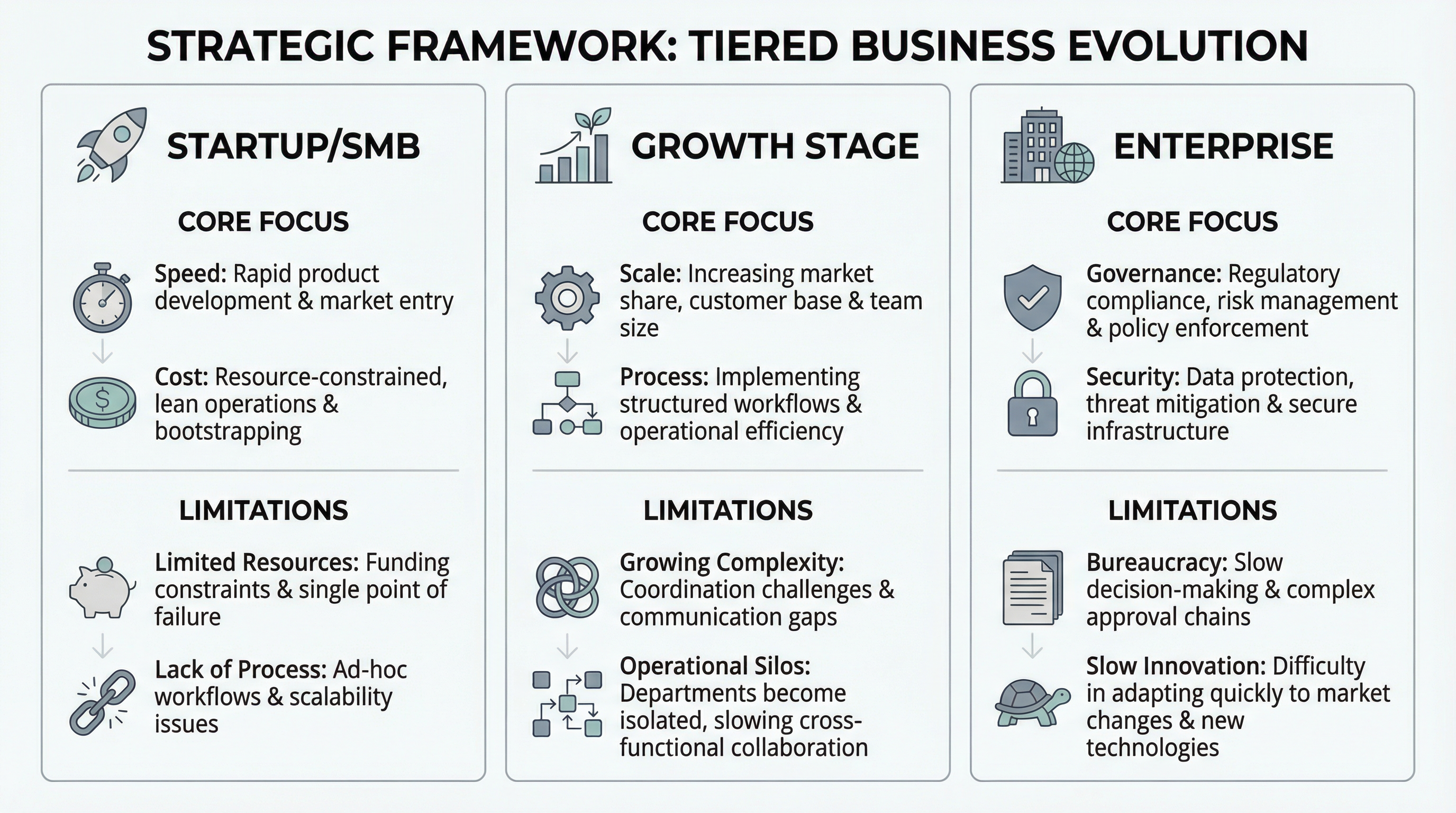 Strategic Framework comparing Startup, Growth Stage, and Enterprise focus areas and limitations